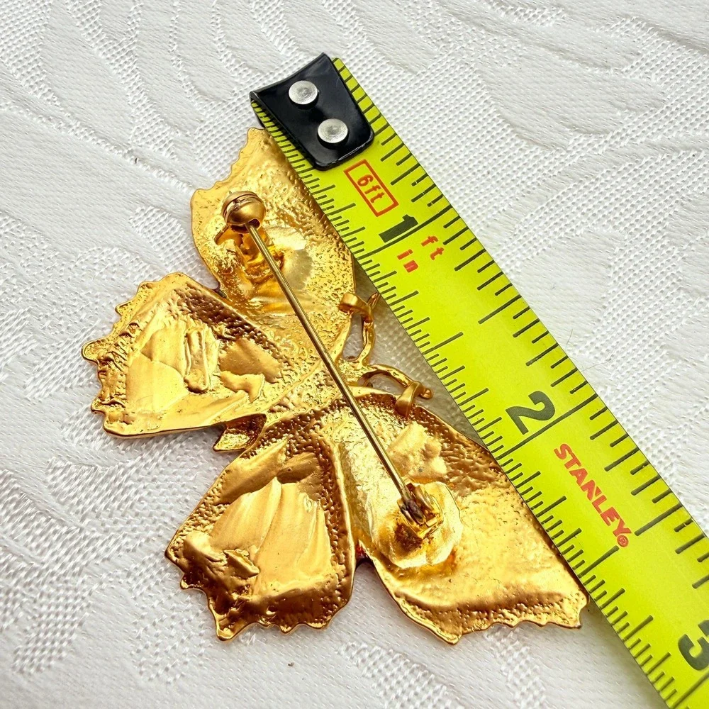 Vintage Orange, Cream, & Green Enamel Gold Tone Butterfly Moth Pin w/ Green Eyes